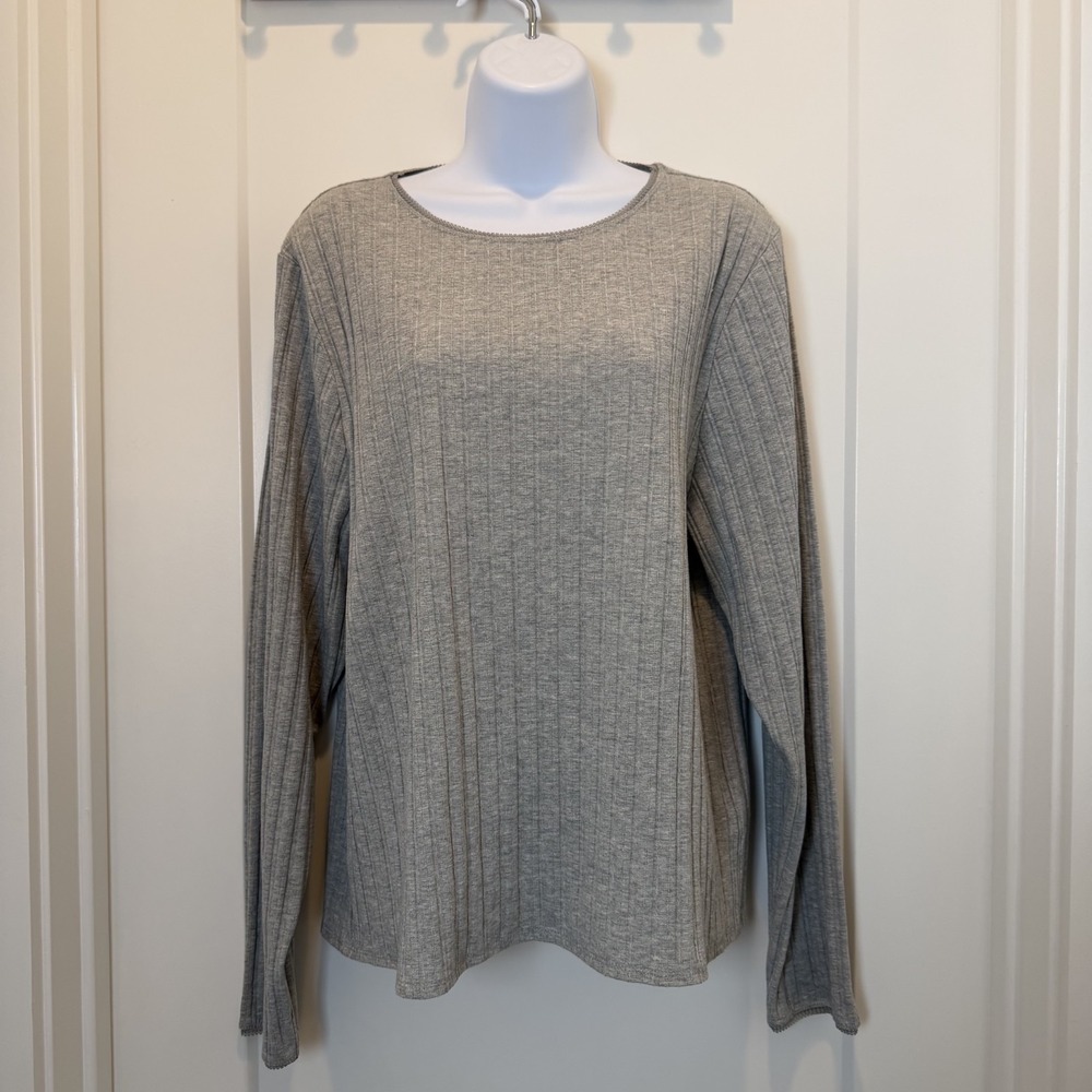 J Crew Pointelle Lace Trim Ribbed Long Sleeve Top Gray 3X Quiet Luxury Coquette